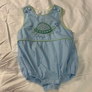 Shrimp & Grits Kids Blue Turtle Embroidered Kids One Piece